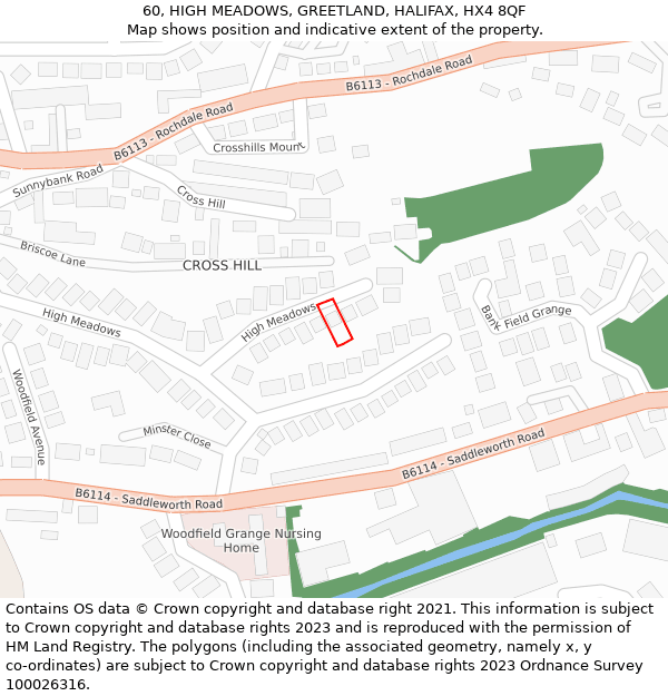 60, HIGH MEADOWS, GREETLAND, HALIFAX, HX4 8QF: Location map and indicative extent of plot