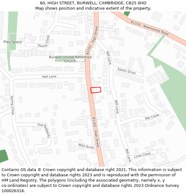 60, HIGH STREET, BURWELL, CAMBRIDGE, CB25 0HD: Location map and indicative extent of plot