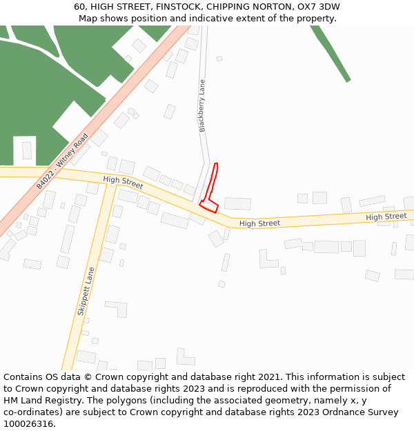 60, HIGH STREET, FINSTOCK, CHIPPING NORTON, OX7 3DW: Location map and indicative extent of plot