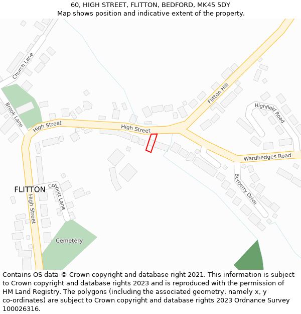 60, HIGH STREET, FLITTON, BEDFORD, MK45 5DY: Location map and indicative extent of plot