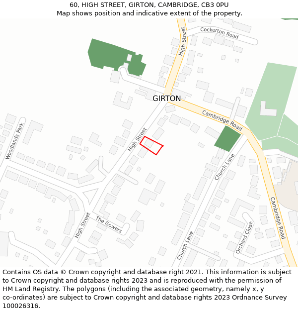 60, HIGH STREET, GIRTON, CAMBRIDGE, CB3 0PU: Location map and indicative extent of plot