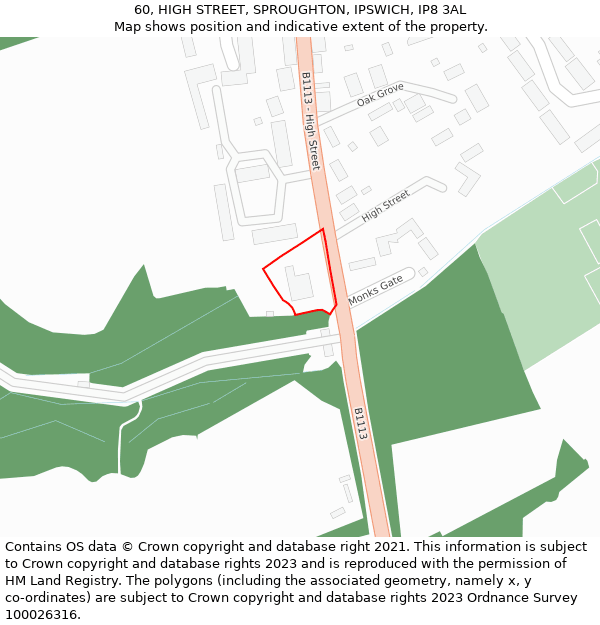 60, HIGH STREET, SPROUGHTON, IPSWICH, IP8 3AL: Location map and indicative extent of plot