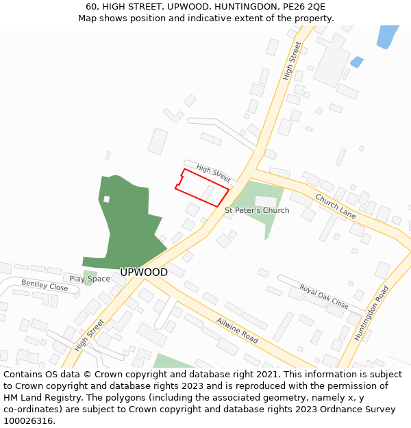 60, HIGH STREET, UPWOOD, HUNTINGDON, PE26 2QE: Location map and indicative extent of plot