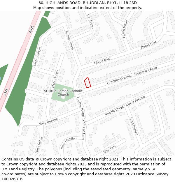 60, HIGHLANDS ROAD, RHUDDLAN, RHYL, LL18 2SD: Location map and indicative extent of plot