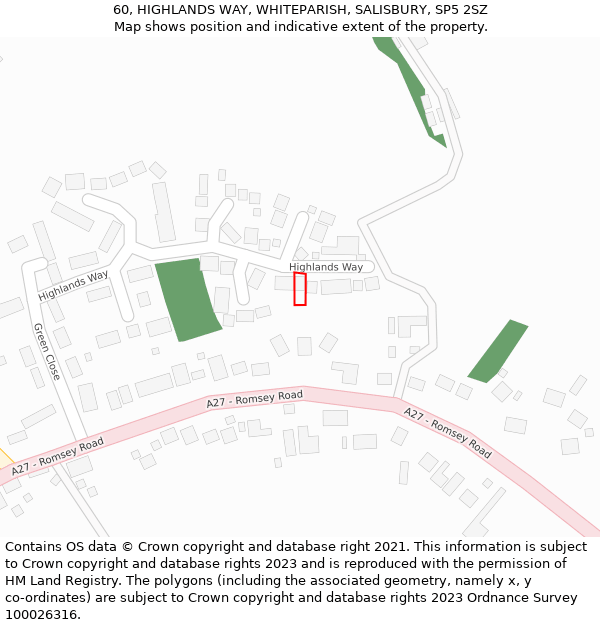 60, HIGHLANDS WAY, WHITEPARISH, SALISBURY, SP5 2SZ: Location map and indicative extent of plot