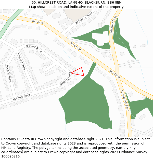 60, HILLCREST ROAD, LANGHO, BLACKBURN, BB6 8EN: Location map and indicative extent of plot