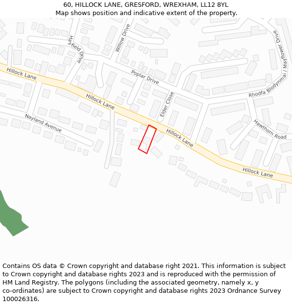 60, HILLOCK LANE, GRESFORD, WREXHAM, LL12 8YL: Location map and indicative extent of plot