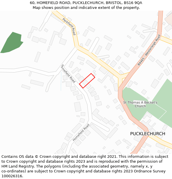 60, HOMEFIELD ROAD, PUCKLECHURCH, BRISTOL, BS16 9QA: Location map and indicative extent of plot