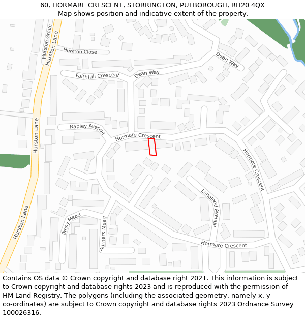 60, HORMARE CRESCENT, STORRINGTON, PULBOROUGH, RH20 4QX: Location map and indicative extent of plot