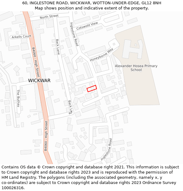 60, INGLESTONE ROAD, WICKWAR, WOTTON-UNDER-EDGE, GL12 8NH: Location map and indicative extent of plot