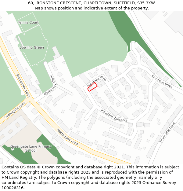 60, IRONSTONE CRESCENT, CHAPELTOWN, SHEFFIELD, S35 3XW: Location map and indicative extent of plot