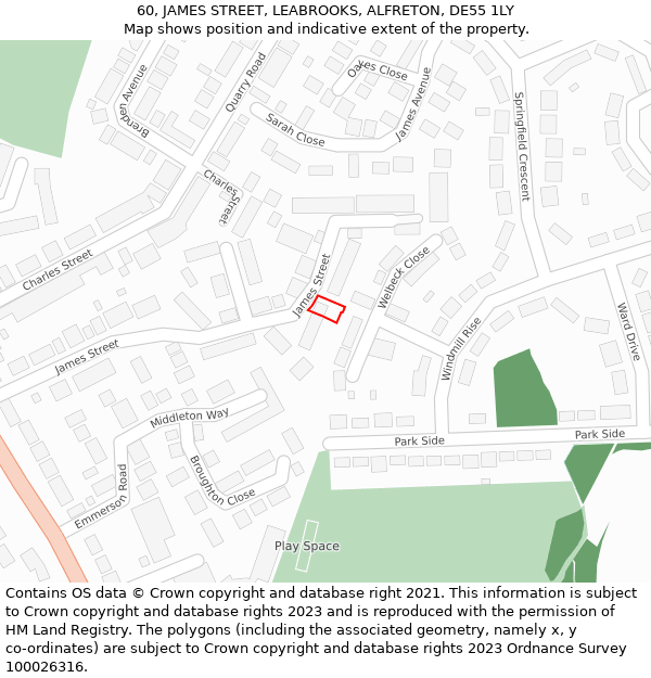 60, JAMES STREET, LEABROOKS, ALFRETON, DE55 1LY: Location map and indicative extent of plot