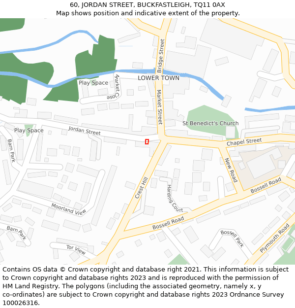 60, JORDAN STREET, BUCKFASTLEIGH, TQ11 0AX: Location map and indicative extent of plot