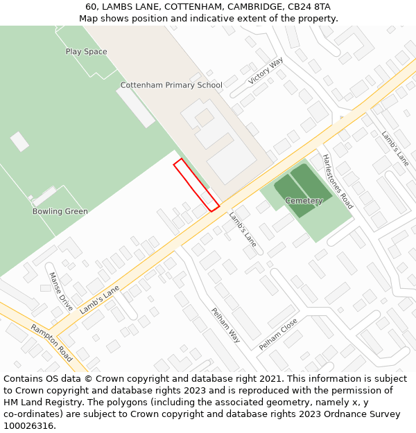 60, LAMBS LANE, COTTENHAM, CAMBRIDGE, CB24 8TA: Location map and indicative extent of plot