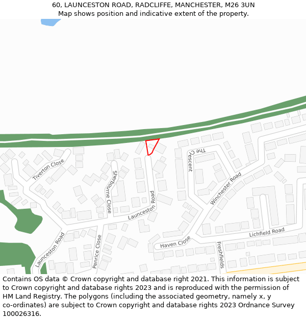 60, LAUNCESTON ROAD, RADCLIFFE, MANCHESTER, M26 3UN: Location map and indicative extent of plot