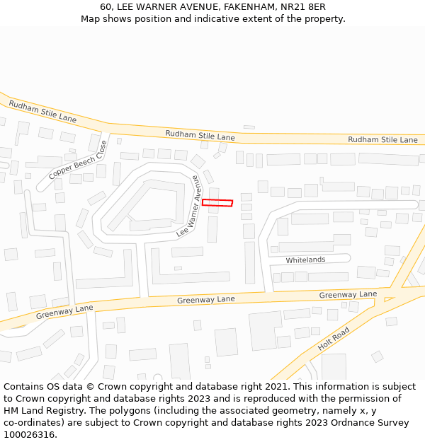 60, LEE WARNER AVENUE, FAKENHAM, NR21 8ER: Location map and indicative extent of plot