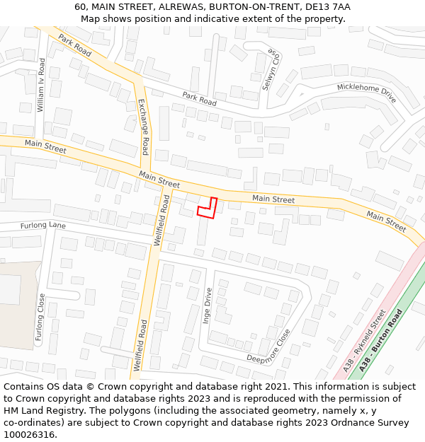 60, MAIN STREET, ALREWAS, BURTON-ON-TRENT, DE13 7AA: Location map and indicative extent of plot