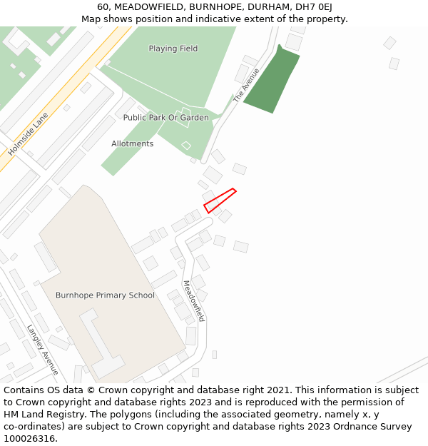 60, MEADOWFIELD, BURNHOPE, DURHAM, DH7 0EJ: Location map and indicative extent of plot