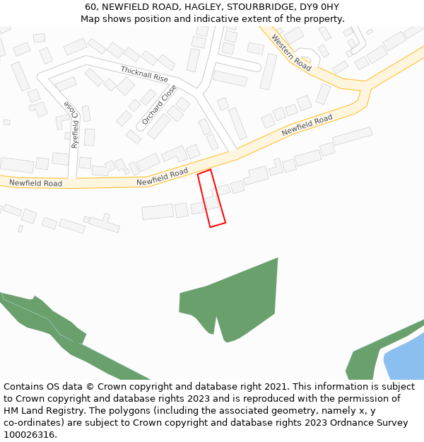 60, NEWFIELD ROAD, HAGLEY, STOURBRIDGE, DY9 0HY: Location map and indicative extent of plot