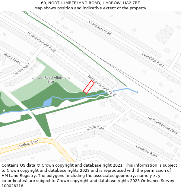 60, NORTHUMBERLAND ROAD, HARROW, HA2 7RE: Location map and indicative extent of plot