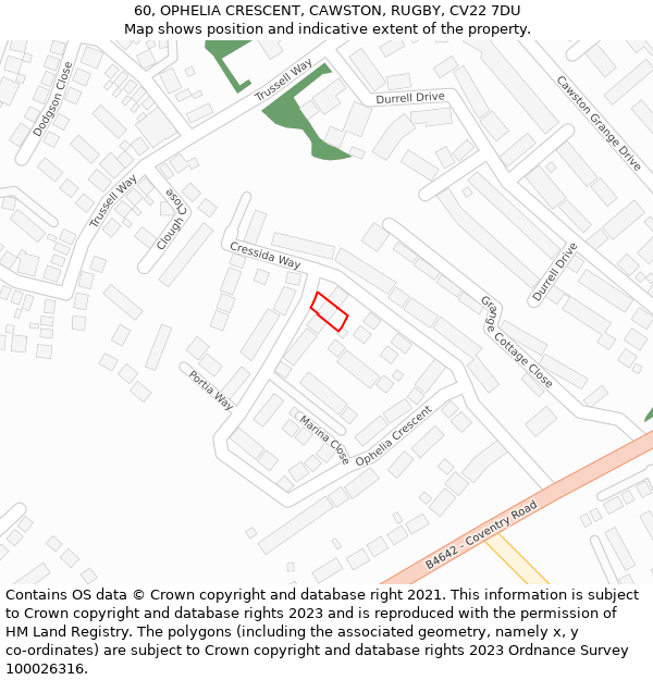 60, OPHELIA CRESCENT, CAWSTON, RUGBY, CV22 7DU: Location map and indicative extent of plot