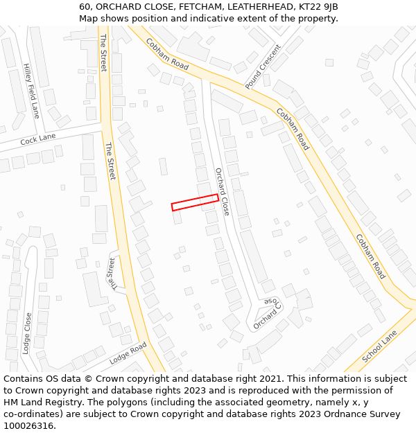 60, ORCHARD CLOSE, FETCHAM, LEATHERHEAD, KT22 9JB: Location map and indicative extent of plot