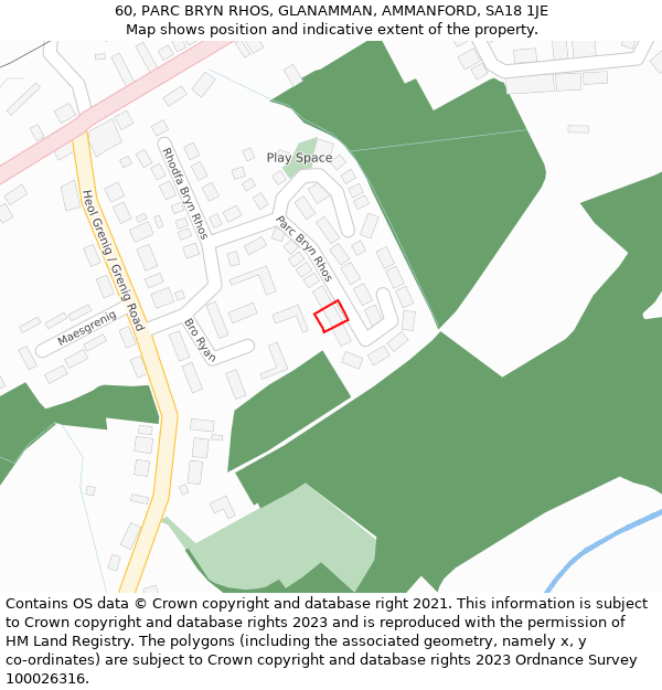 60, PARC BRYN RHOS, GLANAMMAN, AMMANFORD, SA18 1JE: Location map and indicative extent of plot