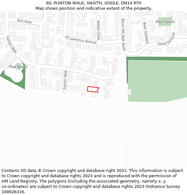 60, PUNTON WALK, SNAITH, GOOLE, DN14 9TH: Location map and indicative extent of plot