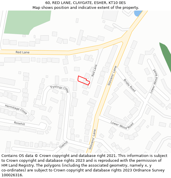 60, RED LANE, CLAYGATE, ESHER, KT10 0ES: Location map and indicative extent of plot