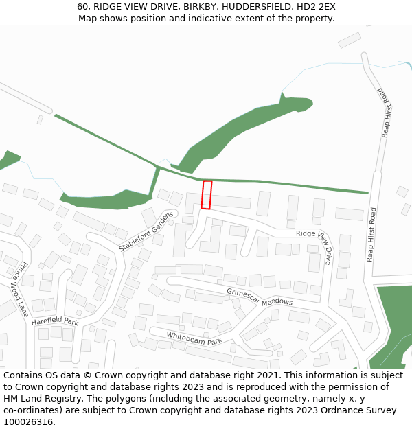 60, RIDGE VIEW DRIVE, BIRKBY, HUDDERSFIELD, HD2 2EX: Location map and indicative extent of plot