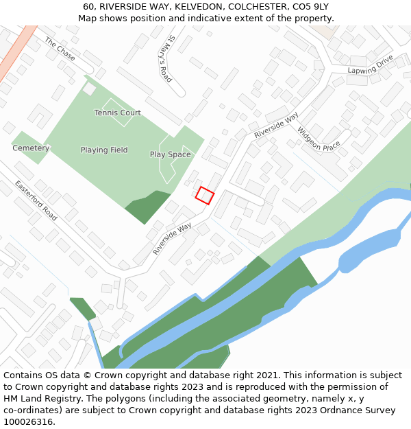 60, RIVERSIDE WAY, KELVEDON, COLCHESTER, CO5 9LY: Location map and indicative extent of plot