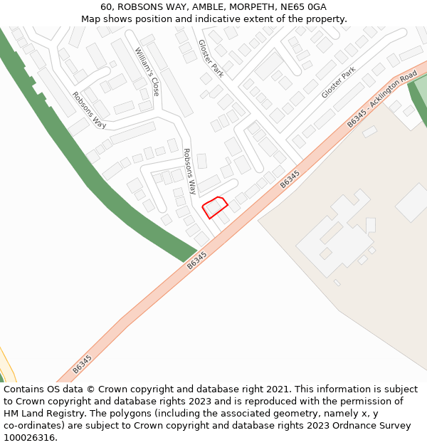 60, ROBSONS WAY, AMBLE, MORPETH, NE65 0GA: Location map and indicative extent of plot