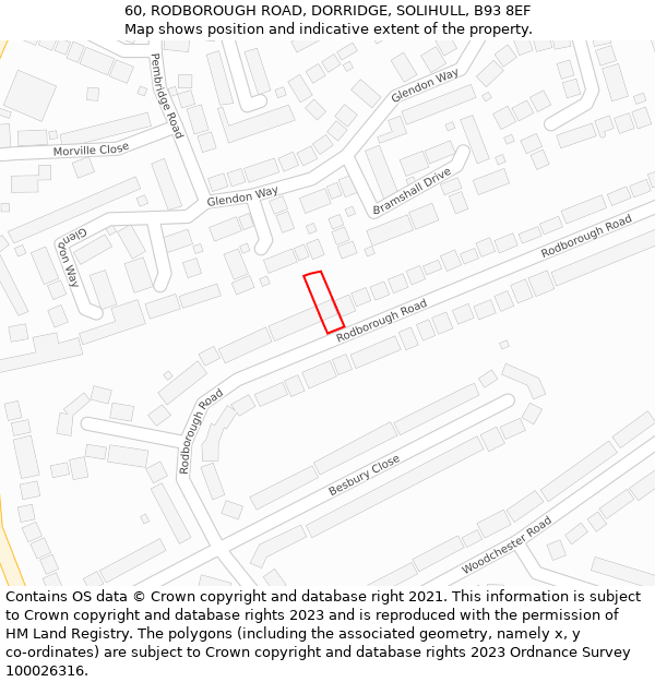 60, RODBOROUGH ROAD, DORRIDGE, SOLIHULL, B93 8EF: Location map and indicative extent of plot