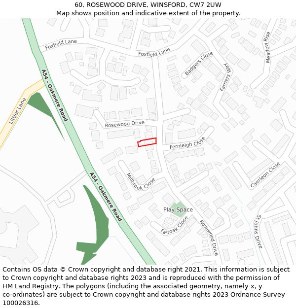 60, ROSEWOOD DRIVE, WINSFORD, CW7 2UW: Location map and indicative extent of plot