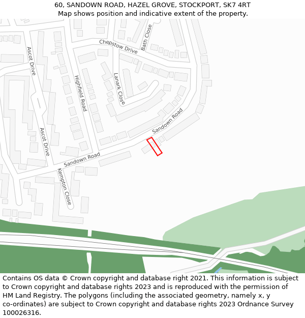 60, SANDOWN ROAD, HAZEL GROVE, STOCKPORT, SK7 4RT: Location map and indicative extent of plot