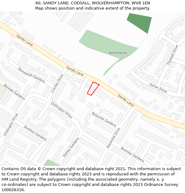 60, SANDY LANE, CODSALL, WOLVERHAMPTON, WV8 1EN: Location map and indicative extent of plot