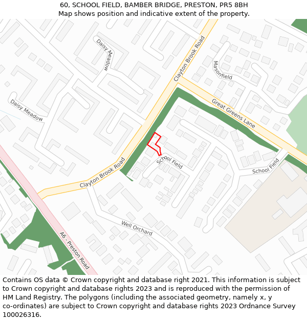 60, SCHOOL FIELD, BAMBER BRIDGE, PRESTON, PR5 8BH: Location map and indicative extent of plot