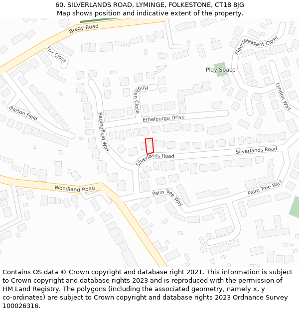 60, SILVERLANDS ROAD, LYMINGE, FOLKESTONE, CT18 8JG: Location map and indicative extent of plot