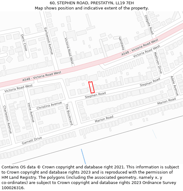 60, STEPHEN ROAD, PRESTATYN, LL19 7EH: Location map and indicative extent of plot