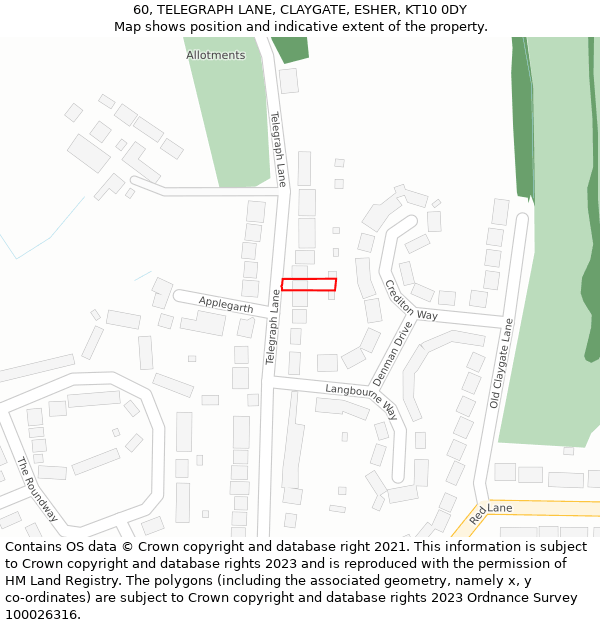 60, TELEGRAPH LANE, CLAYGATE, ESHER, KT10 0DY: Location map and indicative extent of plot