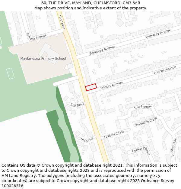 60, THE DRIVE, MAYLAND, CHELMSFORD, CM3 6AB: Location map and indicative extent of plot