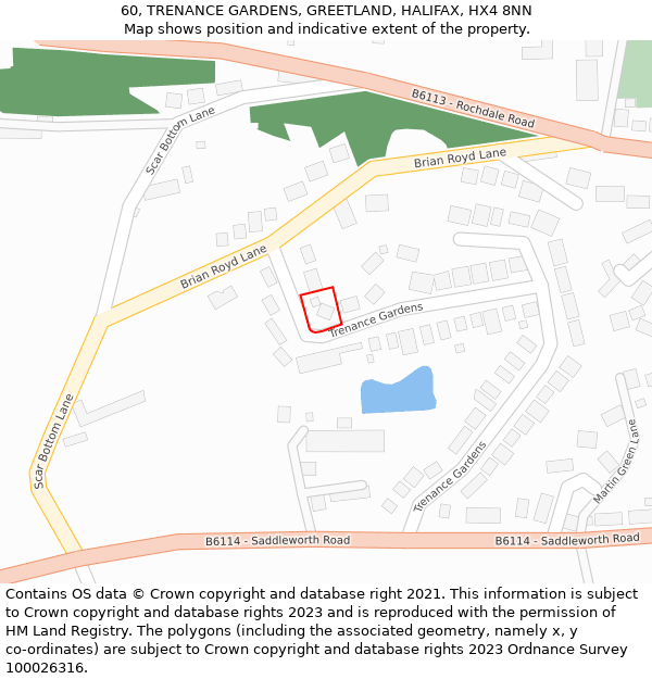 60, TRENANCE GARDENS, GREETLAND, HALIFAX, HX4 8NN: Location map and indicative extent of plot