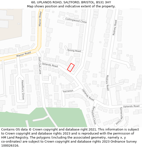 60, UPLANDS ROAD, SALTFORD, BRISTOL, BS31 3HY: Location map and indicative extent of plot