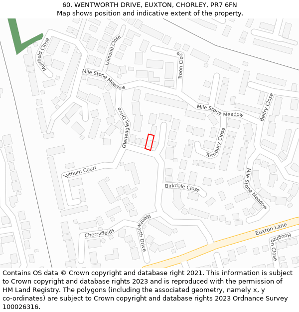 60, WENTWORTH DRIVE, EUXTON, CHORLEY, PR7 6FN: Location map and indicative extent of plot