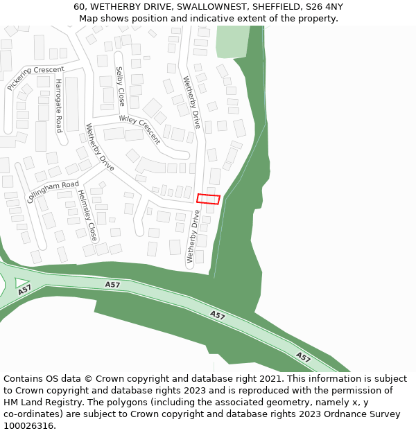 60, WETHERBY DRIVE, SWALLOWNEST, SHEFFIELD, S26 4NY: Location map and indicative extent of plot