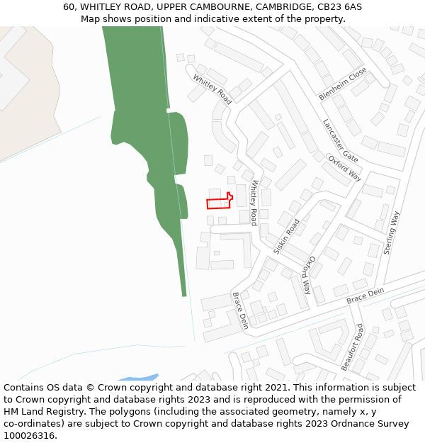60, WHITLEY ROAD, UPPER CAMBOURNE, CAMBRIDGE, CB23 6AS: Location map and indicative extent of plot