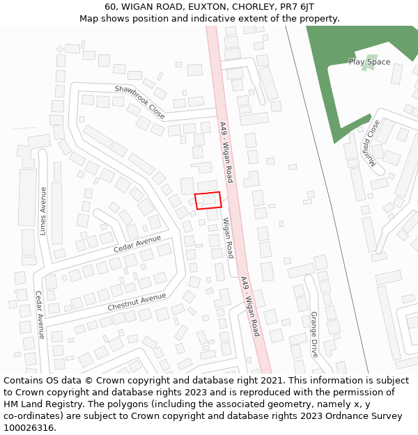 60, WIGAN ROAD, EUXTON, CHORLEY, PR7 6JT: Location map and indicative extent of plot