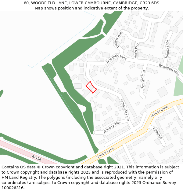 60, WOODFIELD LANE, LOWER CAMBOURNE, CAMBRIDGE, CB23 6DS: Location map and indicative extent of plot