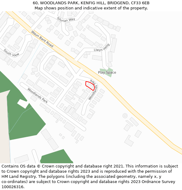 60, WOODLANDS PARK, KENFIG HILL, BRIDGEND, CF33 6EB: Location map and indicative extent of plot