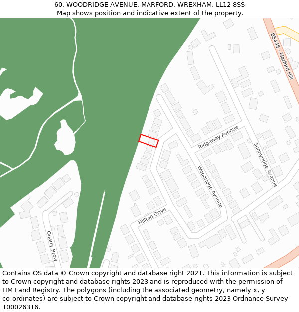 60, WOODRIDGE AVENUE, MARFORD, WREXHAM, LL12 8SS: Location map and indicative extent of plot